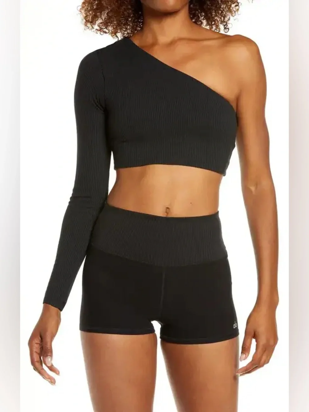 ALO YOGA One-Shoulder Long Sleeve Rib Black Crop Top Size Medium